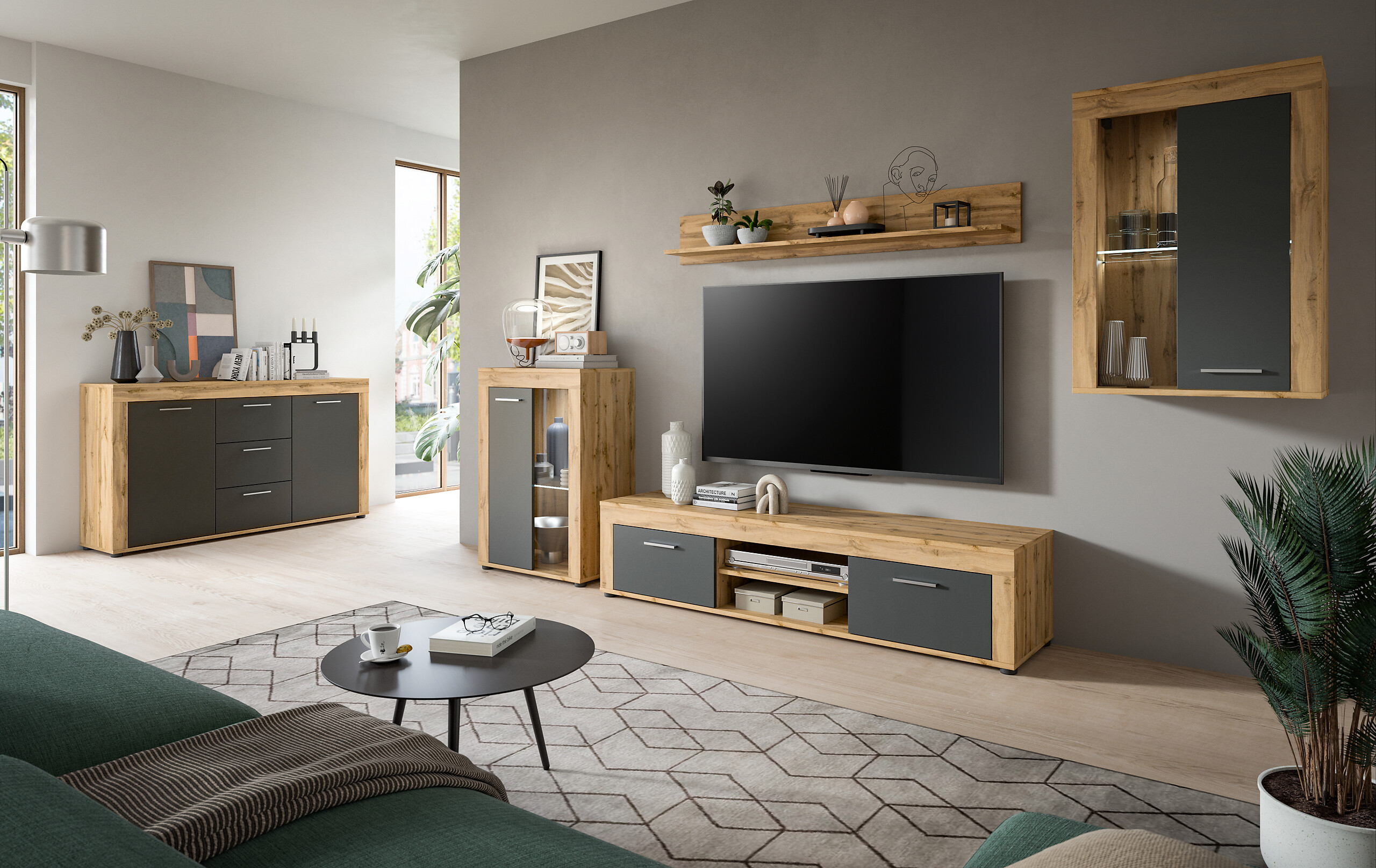 Wohnwand Jam Eiche Wotan Nachbildung grau B/H/T: ca. 310x169x35 cm