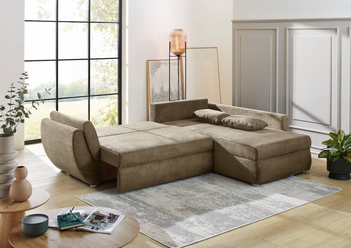 Ecksofa mit Bettfunktion und Bettkasten taupe Microfaser B/H/T: ca. 272x88x200 cm