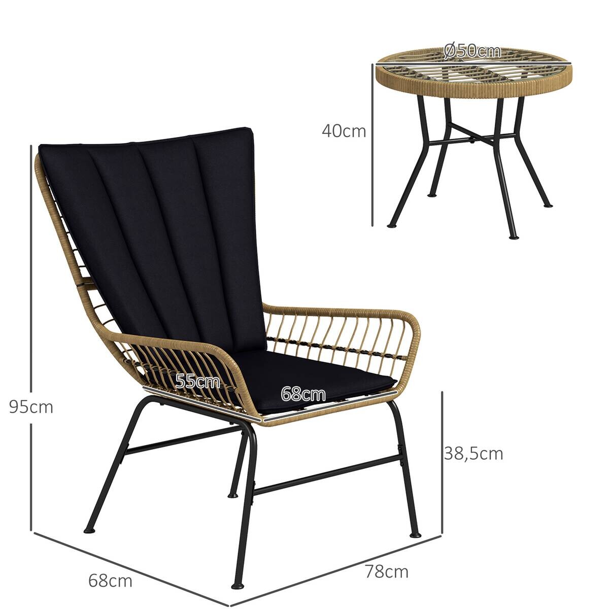Outsunny Bistro-Set schwarz Polyrattan B/H/L: ca. 68x95x78 cm