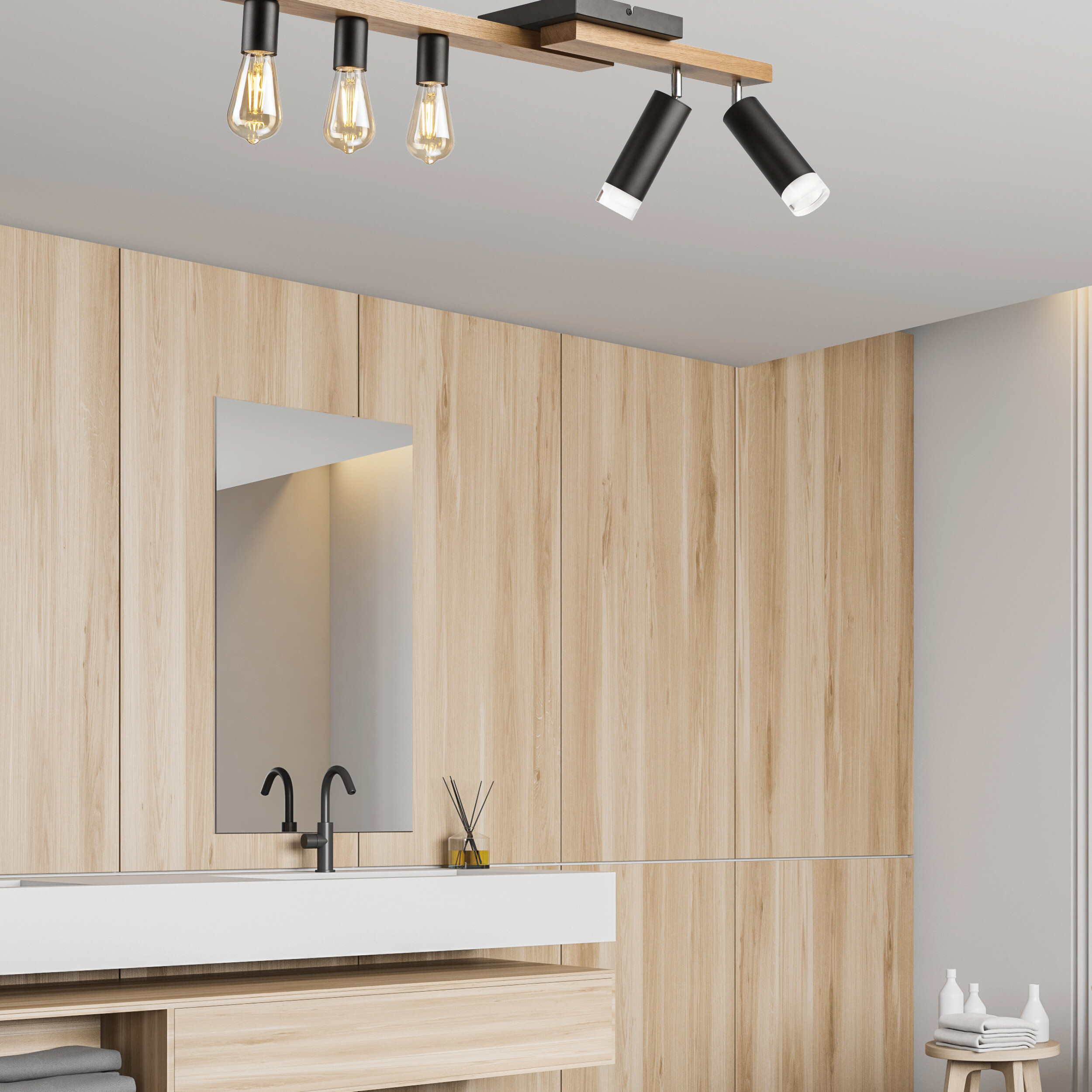 Lamkur Deckenleuchte schwarz Holz B/H/L: ca. 20x23,5x84 cm E27 5 Brennstellen