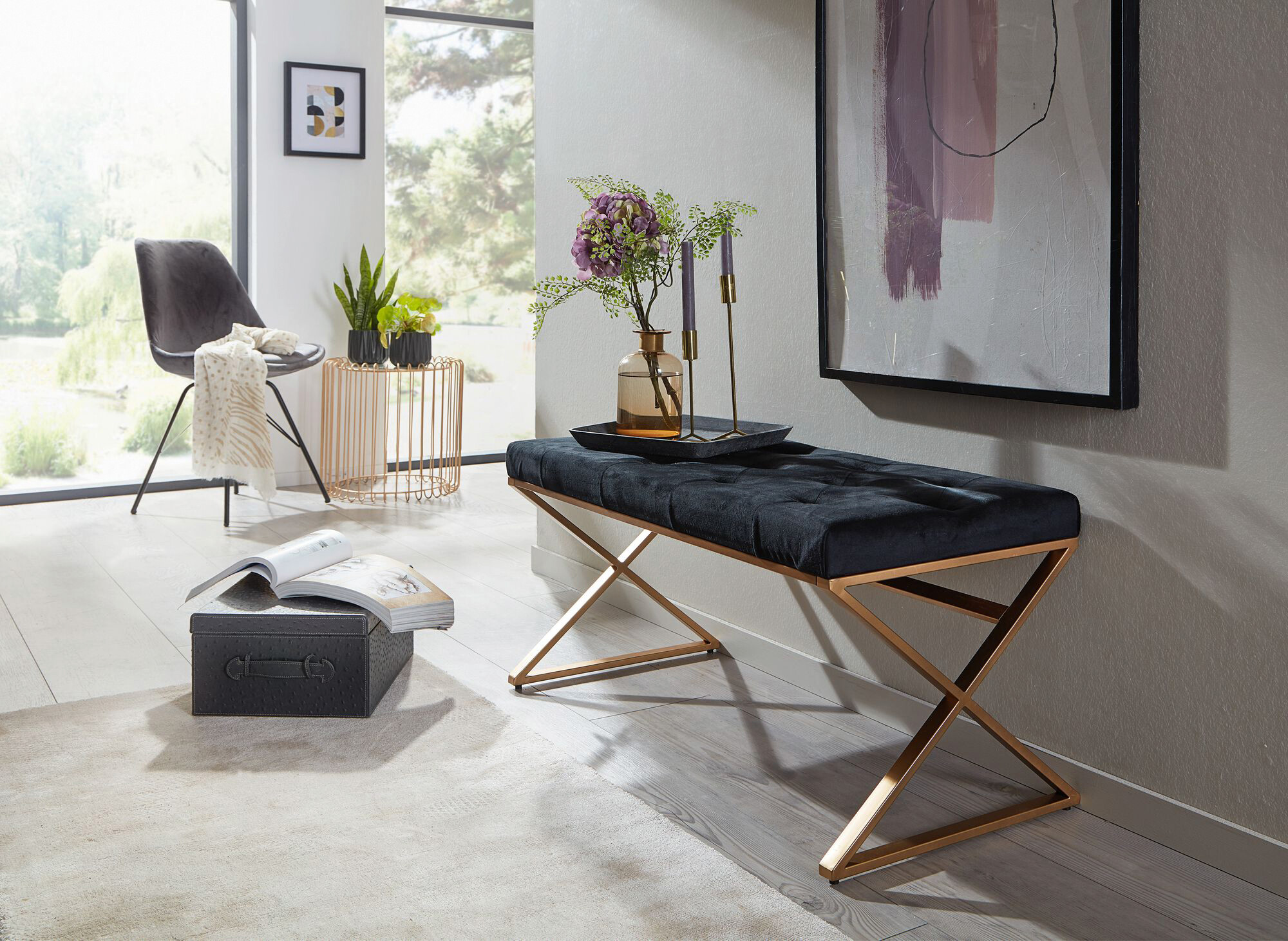 Sitzbank schwarz gold lackiert Edelstahl Samt B/H/T: ca. 90x46x44 cm