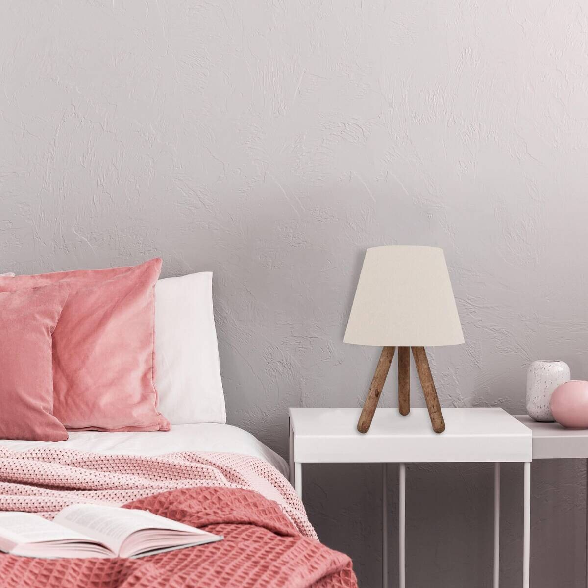 Opviq Tischleuchte weiß nussbaum Buche PVC B/H/L: ca. 22x33x22 cm E27 1 Brennstellen