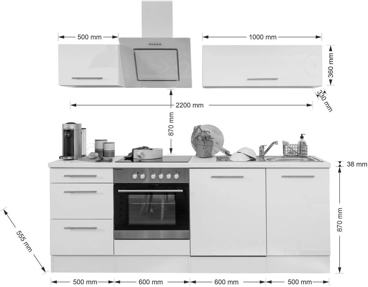 Respekta Küchenblock Amanda schwarz Hochglanz B/H/T: ca. 220x200x60 cm