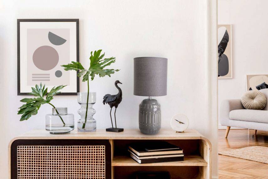 Näve Leuchten Keramik Tischleuchte NV3188316 grau Keramik Metall Stoff B/H/T: ca. 14x30x14 cm E14 1 Brennstellen