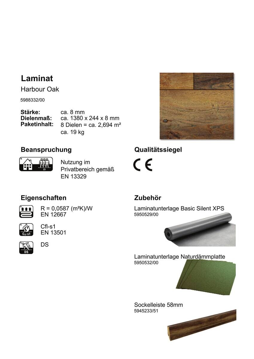 Laminatboden Harbour Oak ca. 2,694 m² im Paket  B/L: ca. 24,4x138 cm pro Paket