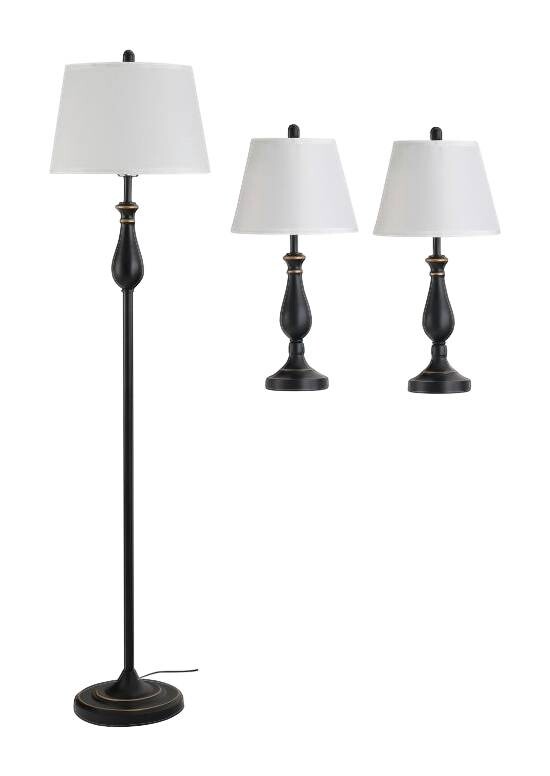 HOMCOM 3er Lampenset schwarz weiß Metall Polyester-Mischgewebe Stoff B/H/L: ca. 38x158x38 cm E27 3 Brennstellen