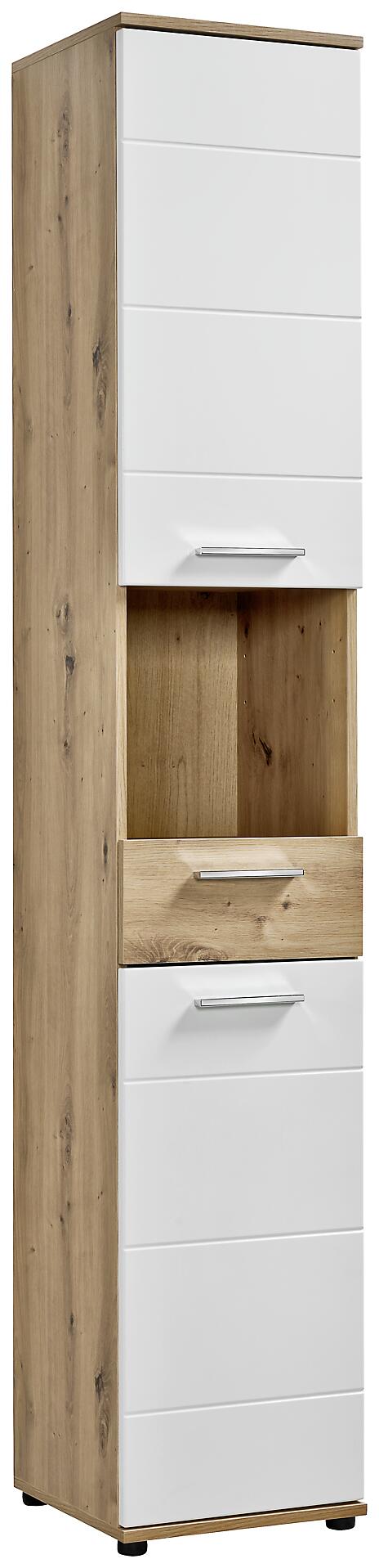 Badhochschrank Bergen Eiche Artisan Nachbildung weiß Hochglanz B/H/T: ca. 35x195x35 cm