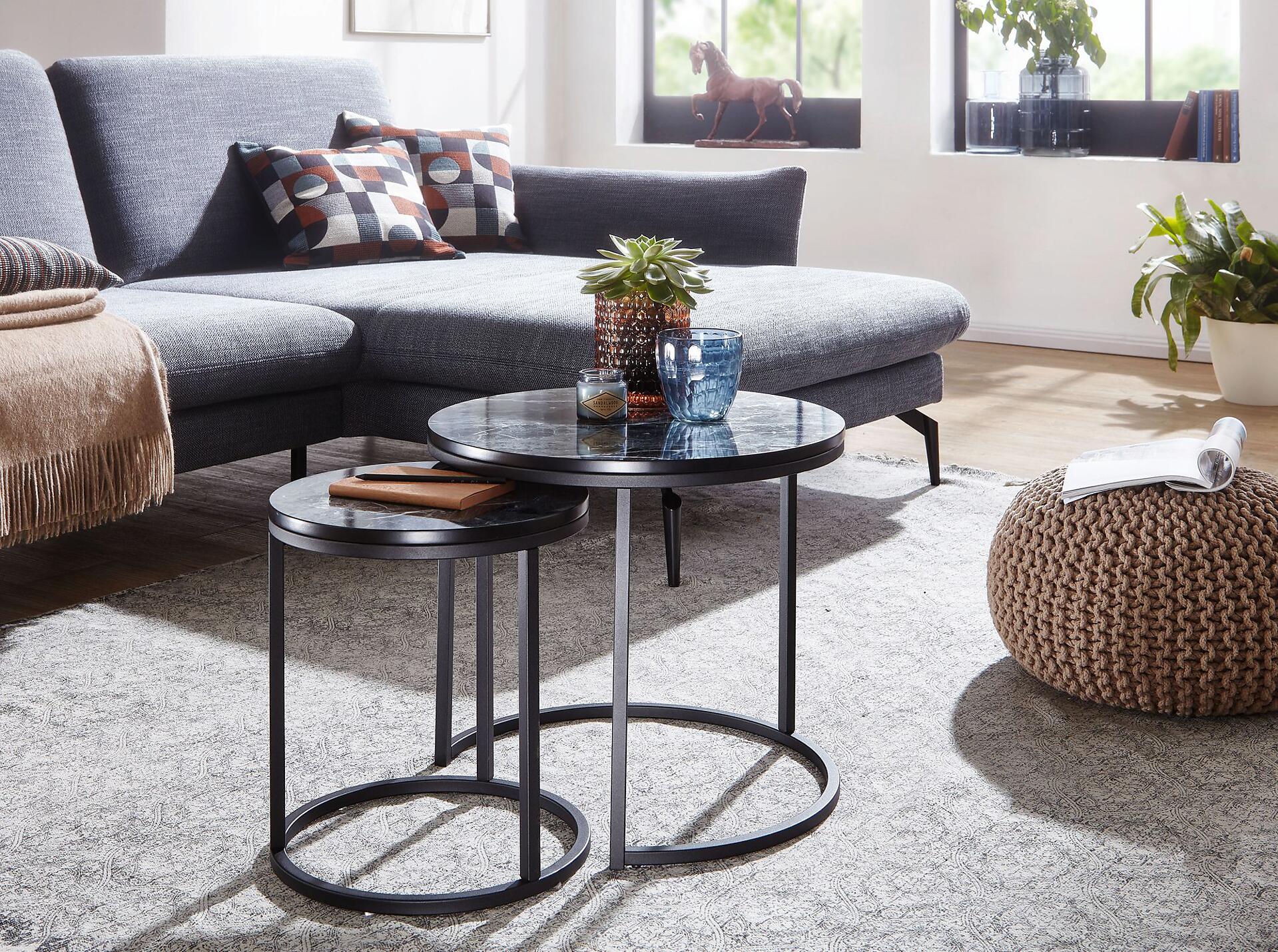 Wohnling Couchtisch 2er-Set. schwarz Marmor schwarz MDF Stahl