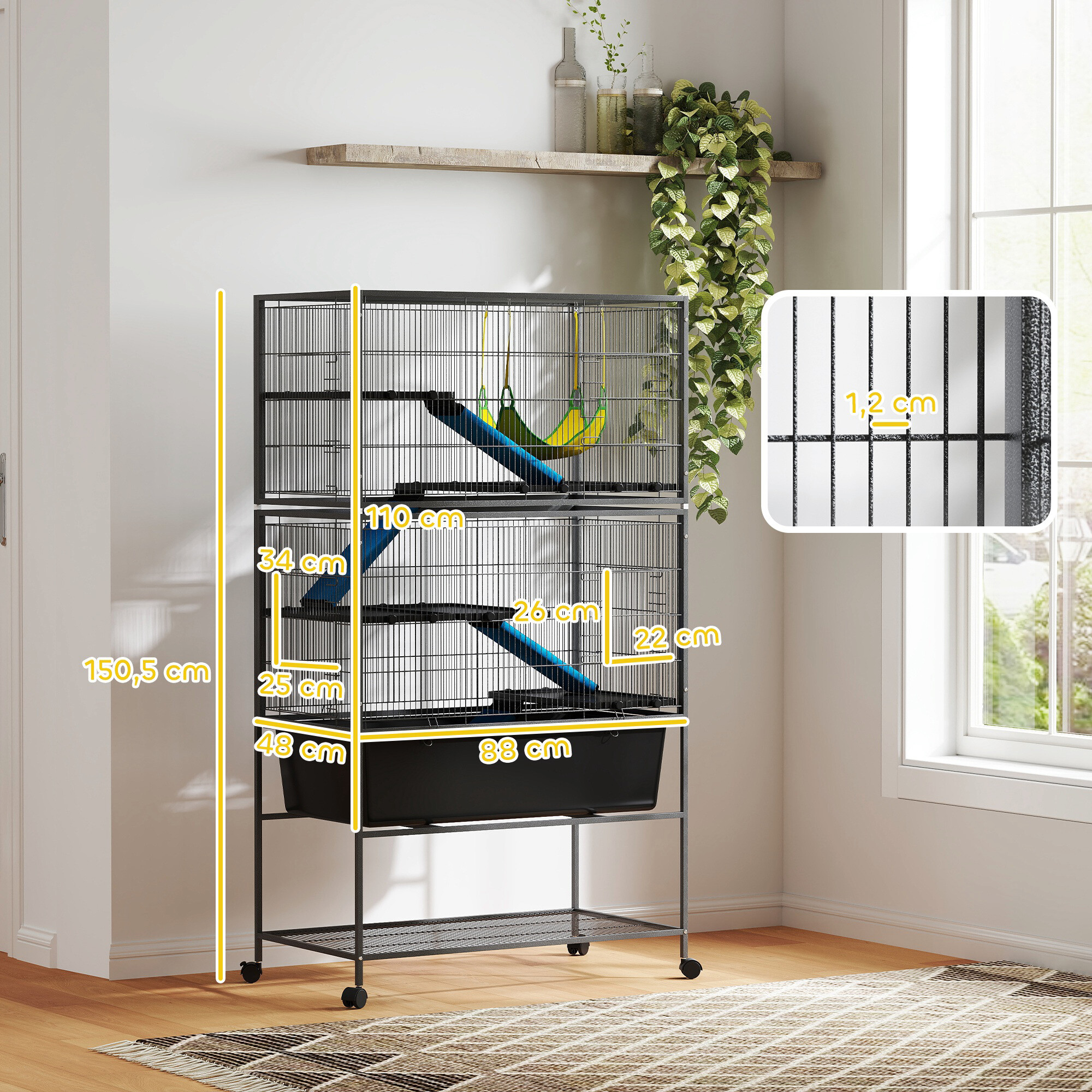 PawHut Kleintierkäfig dunkelgrau Stahl B/H/L: ca. 48x150,5x88 cm