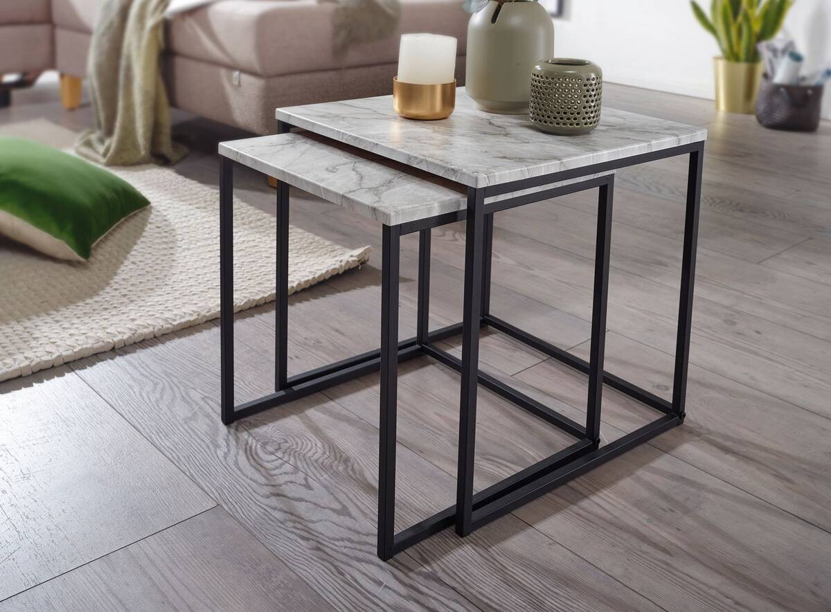 Beistelltisch 2er-Set. weiß Marmor Optik schwarz pulverbeschichtet MDF Stahl