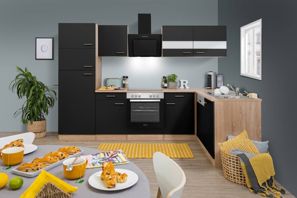 Respekta Winkelküche Economy schwarz matt B/H/T: ca. 280x200x172 cm