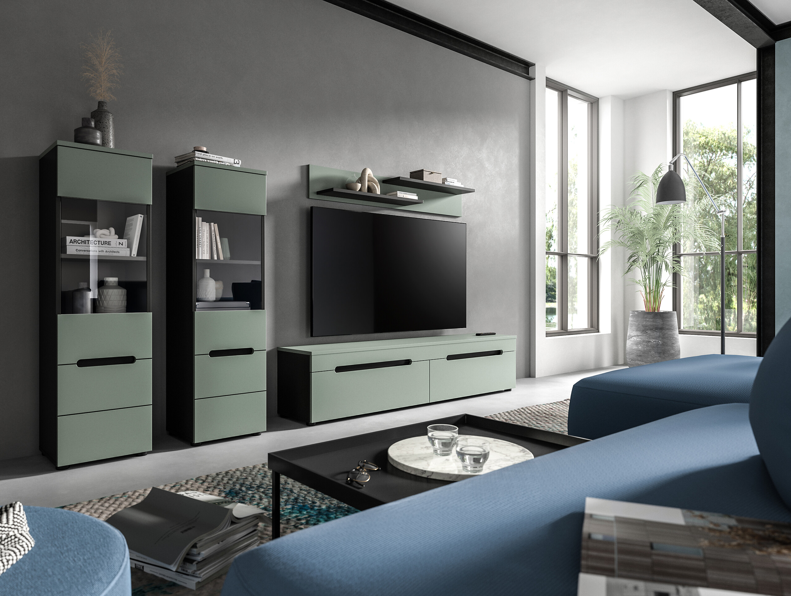 Wohnwand Canu grün basaltgrau Nachbildung B/H/T: ca. 272x141x33 cm