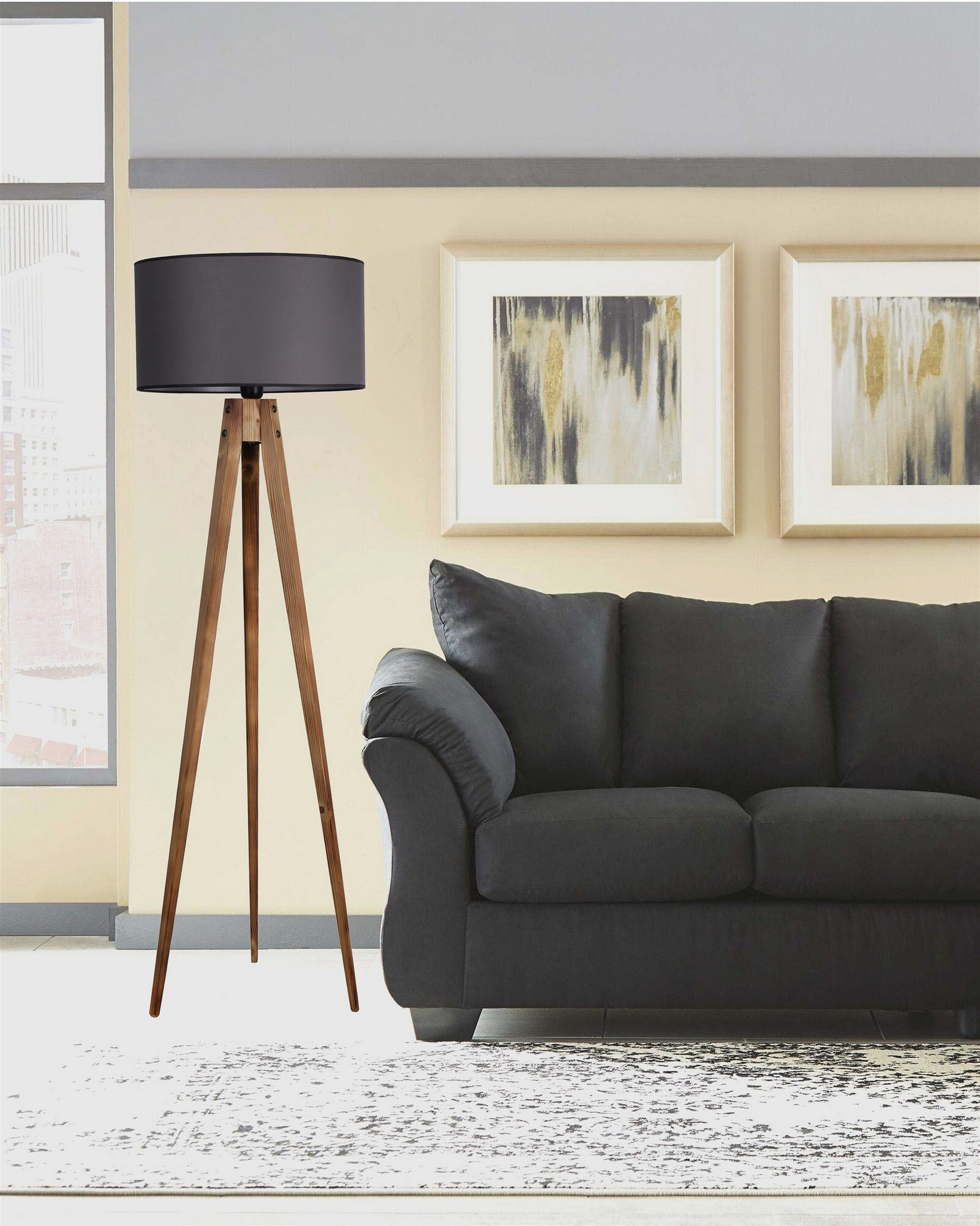 Opviq Stehleuchte braun grau Holz Stoff B/H/L: ca. 45x153x45 cm E27 1 Brennstellen