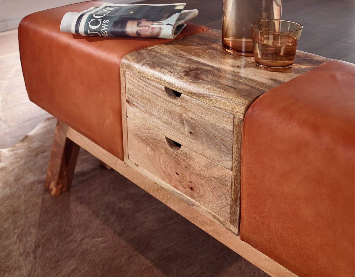 Wohnling Sitzbank braun natur Leder Echtholz B/H/T: ca. 120x56x30 cm
