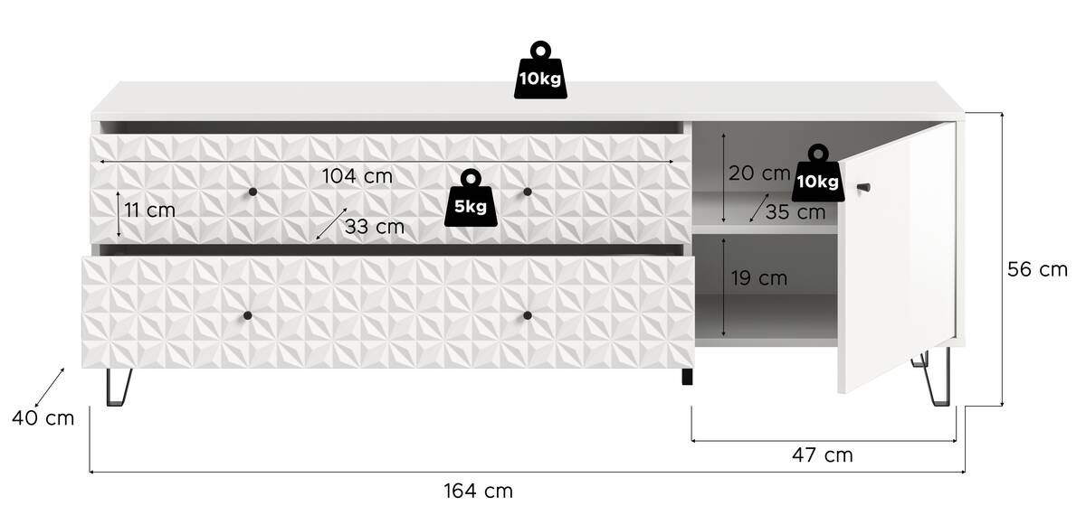 Lowboard PRISMA weiß weiß Hochglanz B/H/T: ca. 164x56x40 cm