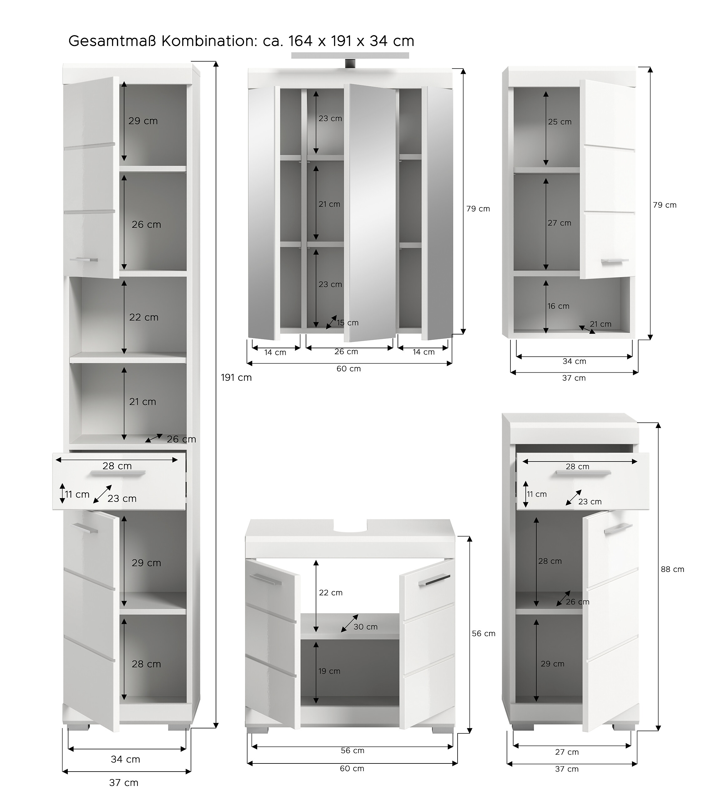 Badezimmer-Set Scout weiß weiß Hochglanz B/H/T: ca. 164x191x34 cm