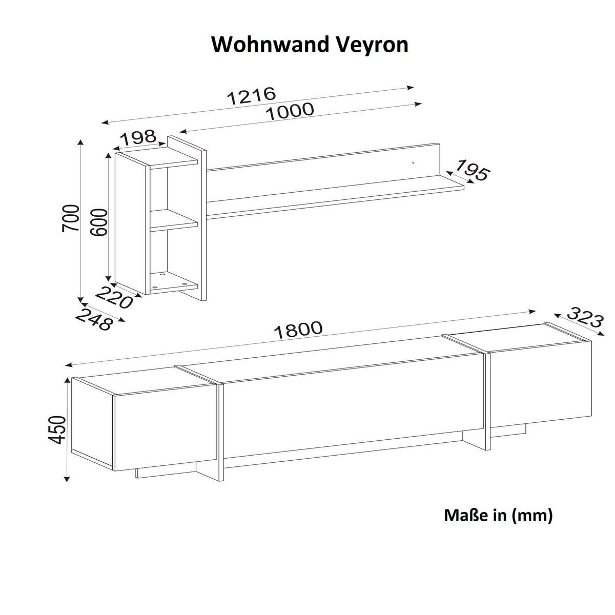 Wohnwand Veyron Rebab dunkel Marmoroptik B/H/T: ca. 180x45x32 cm