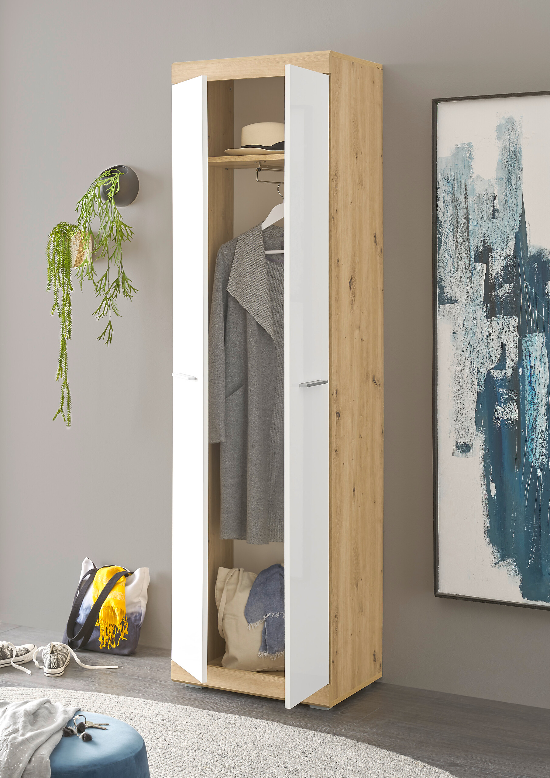 Garderobenschrank Nola Eiche Artisan Nachbildung weiß Hochglanz B/H/T: ca. 55x195x38 cm