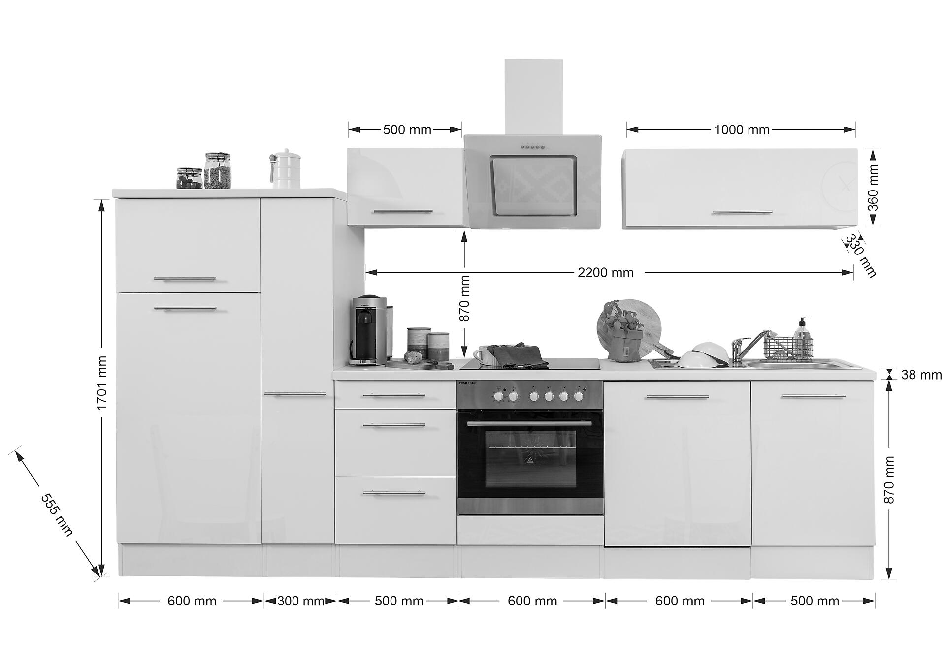 Respekta Küchenblock Amanda weiß Hochglanz B/H/T: ca. 310x200x60 cm