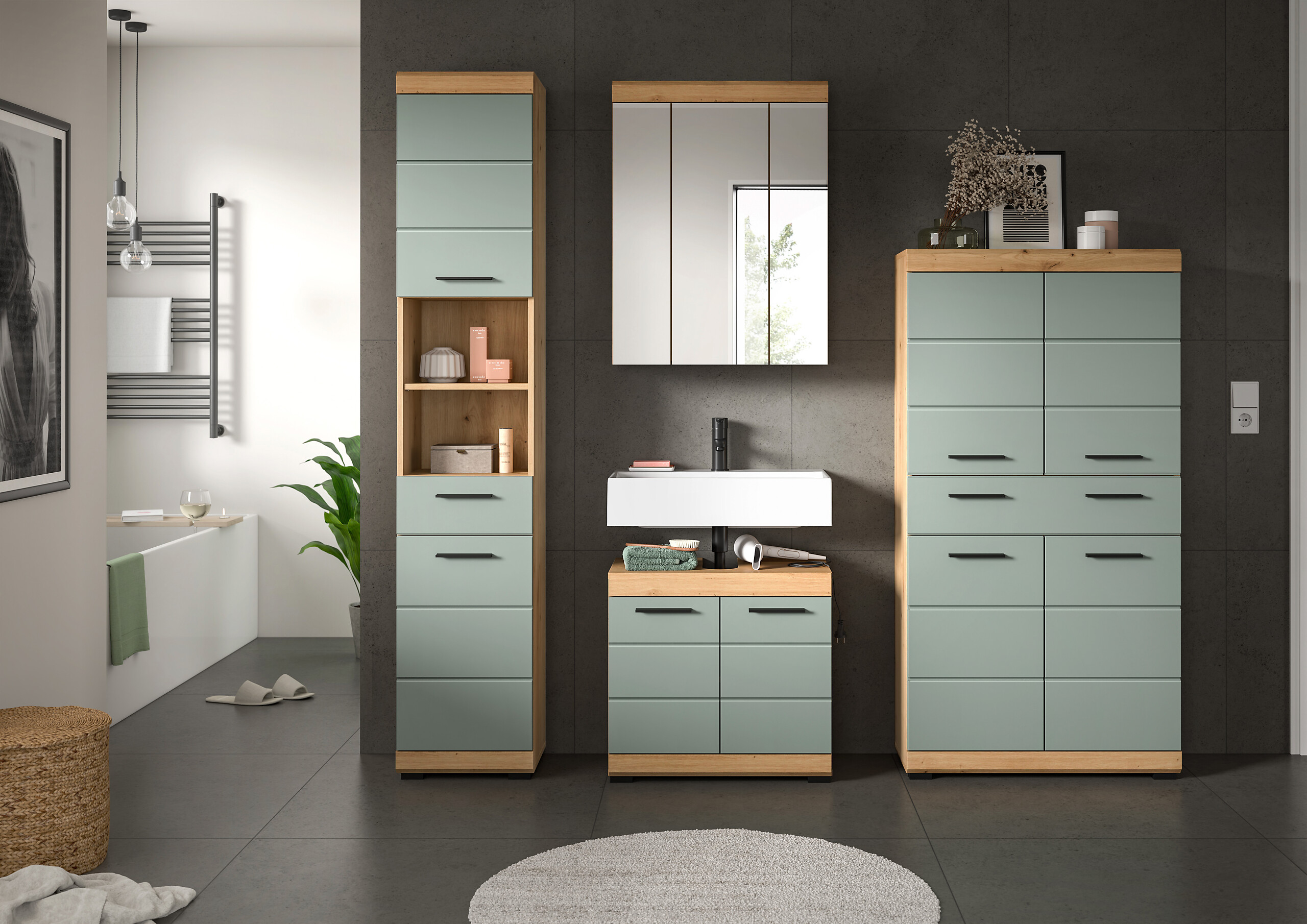 Badezimmer-Set Scout Eiche Artisan Nachbildung salbei Nachbildung B/H/T: ca. 186x191x34 cm