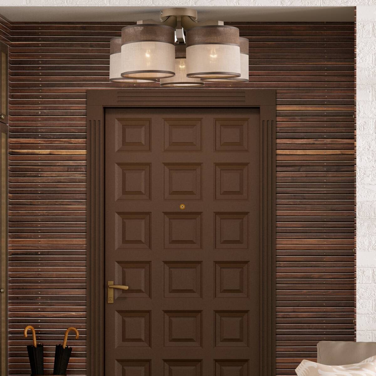 Lamkur Deckenleuchte Andrea natur Holz Stahl Stoff H/L: ca. 23x43 cm E27 5 Brennstellen