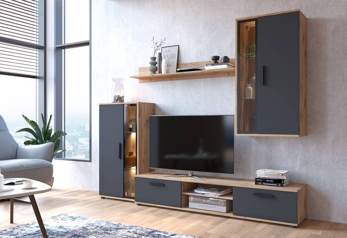 Wohnwand Neon Eiche Viking Nachbildung anthrazit B/H/T: ca. 233x190x40 cm