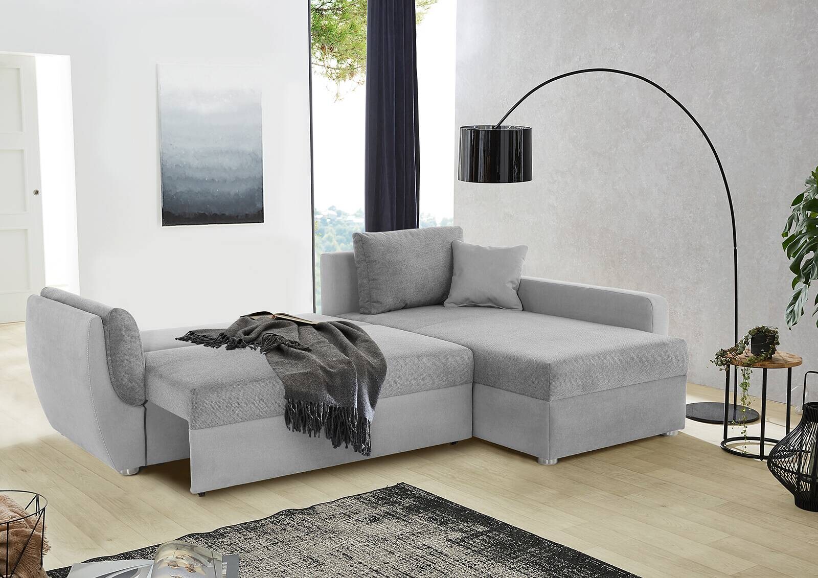 Ecksofa mit Bettfunktion und Bettkasten grau Polyester B/H/T: ca. 247x82x178 cm