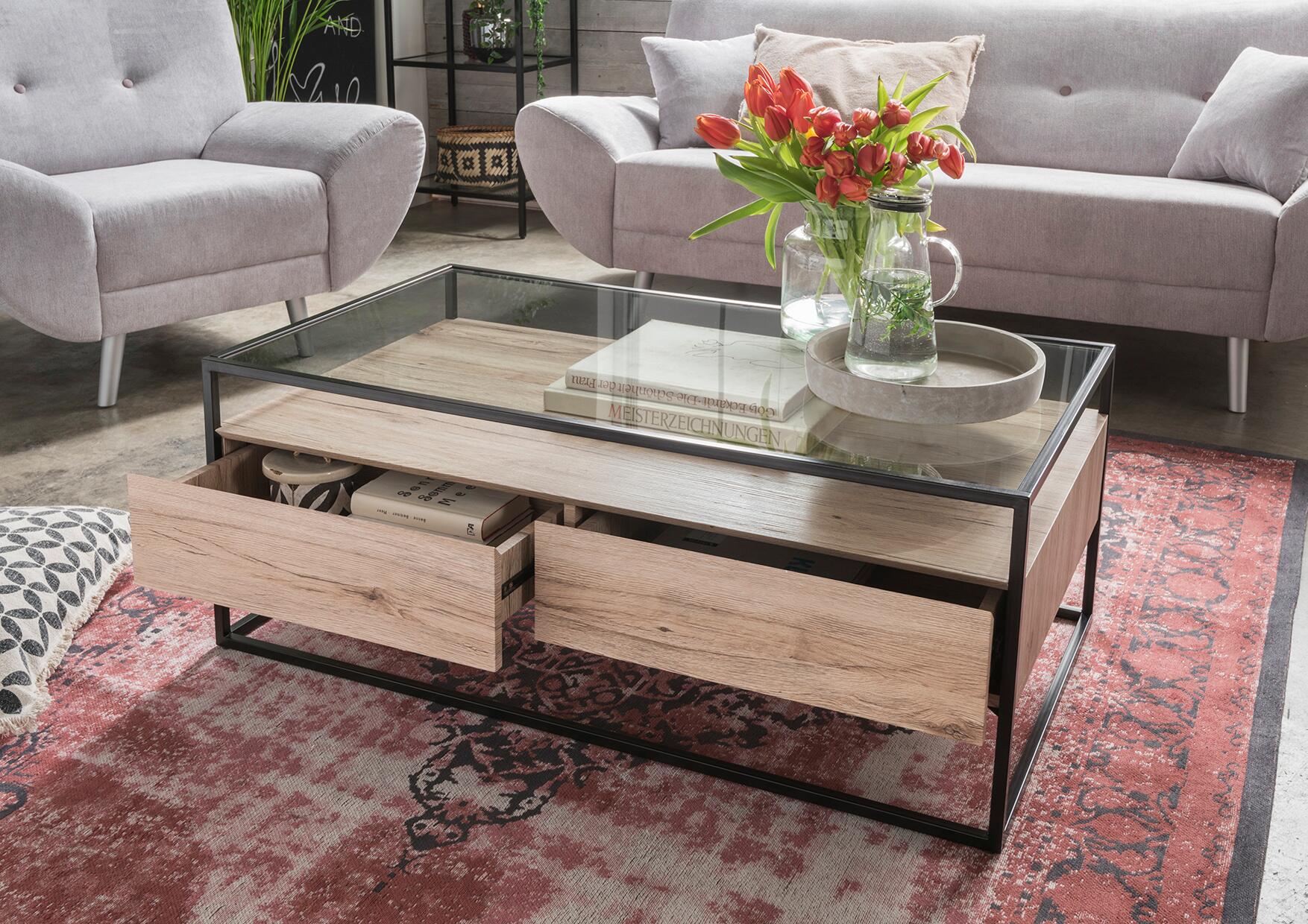 Couchtisch Bozen II glasklar Eiche Sonoma schwarz B/H/T: ca. 110x42x60 cm