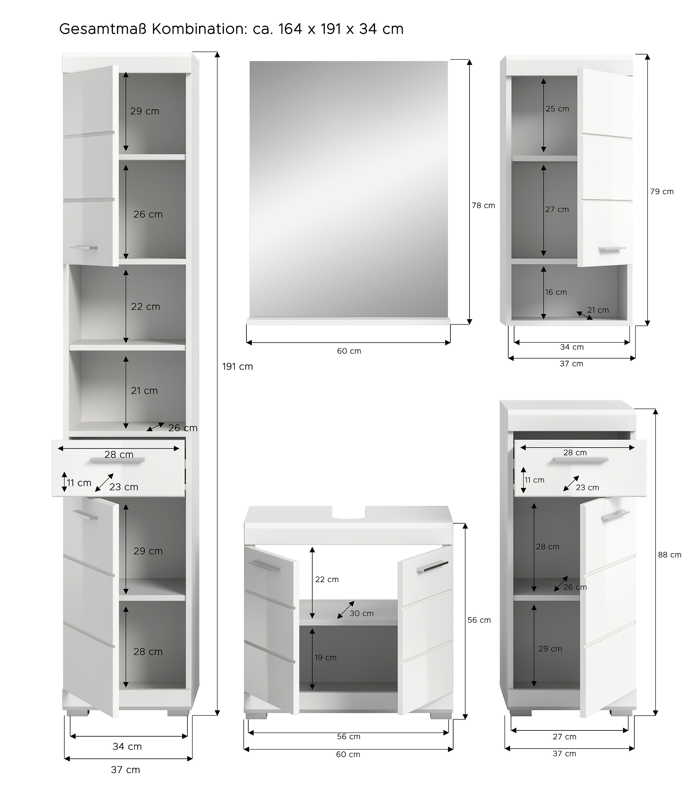 Badezimmer-Set Scout weiß weiß Hochglanz B/H/T: ca. 164x191x34 cm