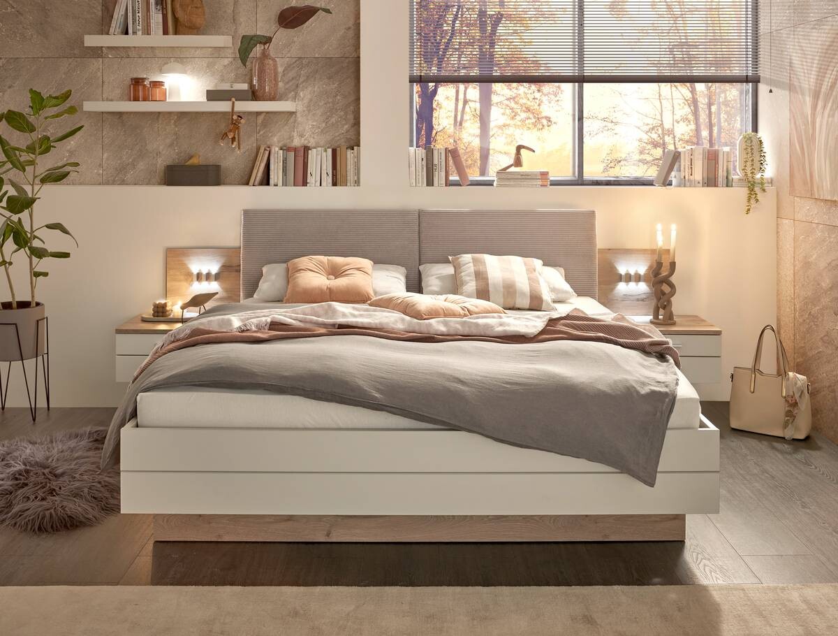 Bettanlage Moledo Eiche Viking Nachbildung hellgrau B/H/T: ca. 296x102x216 cm Liegefläche B/L: ca. 180x200 cm