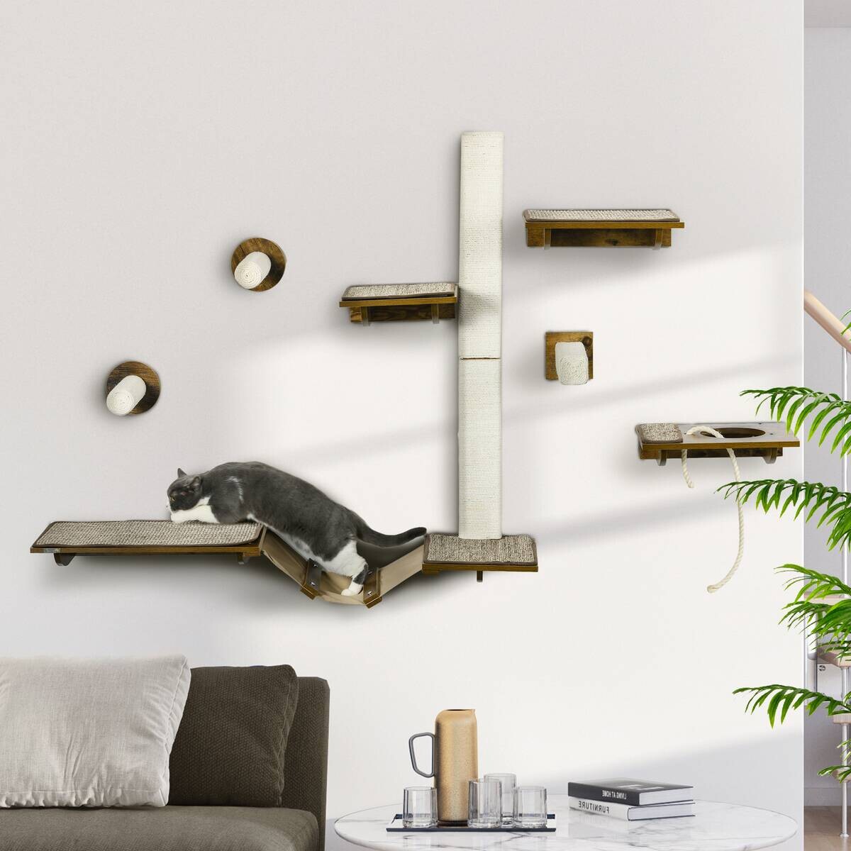 PawHut Katzenregal-Set braun Sisal B/H/L: ca. 29x8,5x136 cm