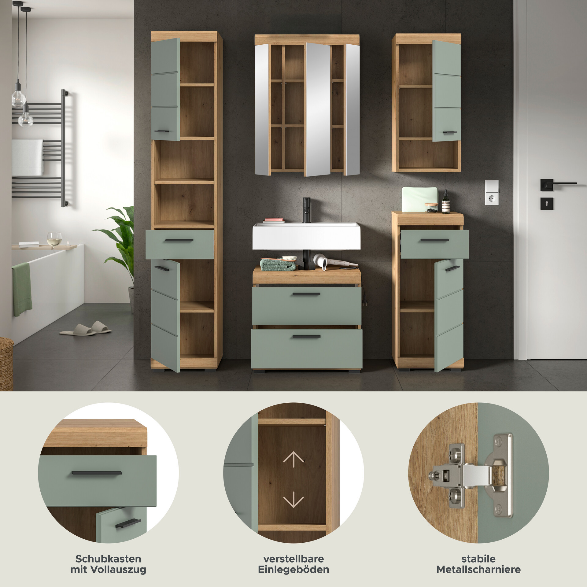 Badezimmer-Set Scout Eiche Artisan Nachbildung salbei Nachbildung B/H/T: ca. 164x191x37 cm