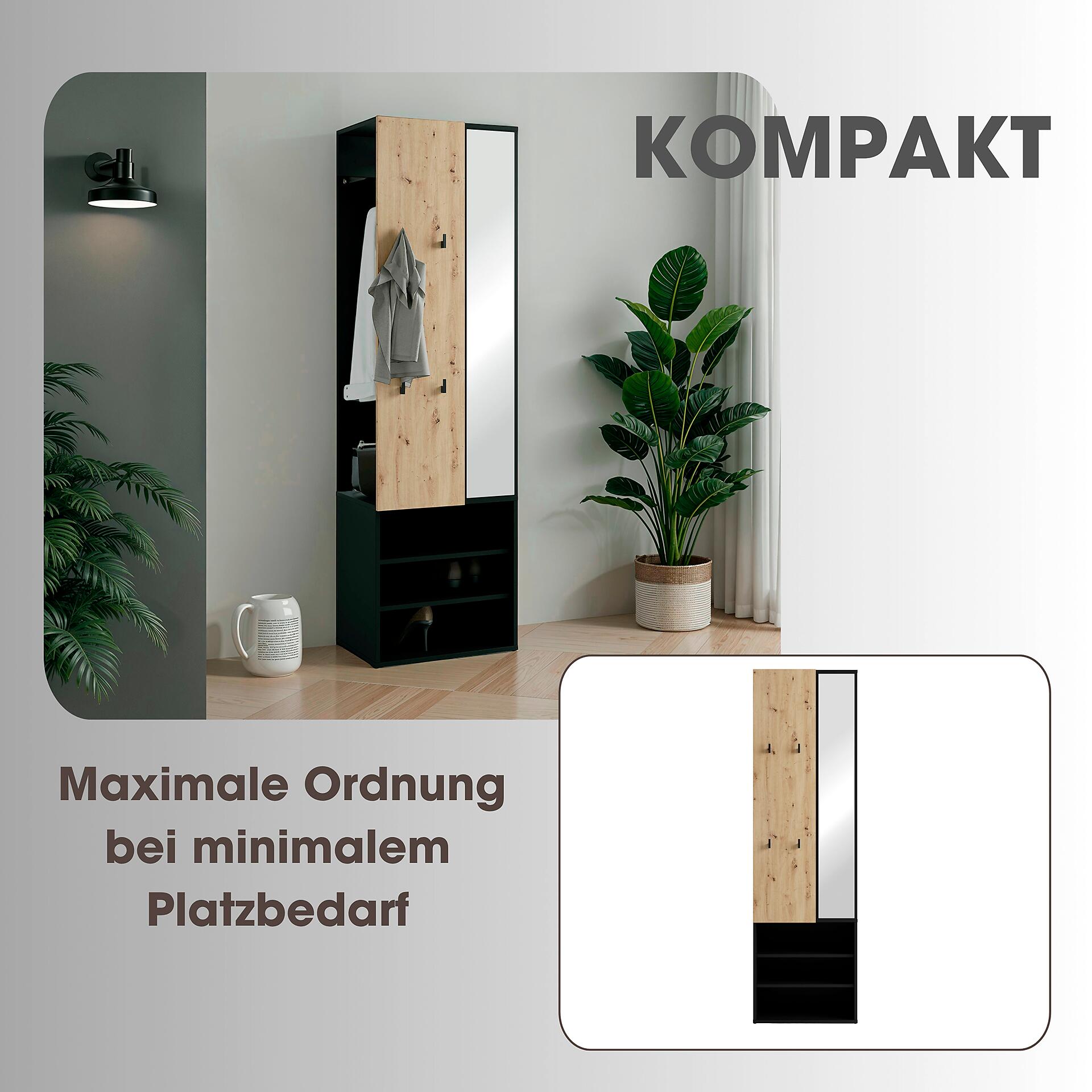 Garderobenset ANDORRA Eiche schwarz B/H/T: ca. 55x187,5x40,5 cm