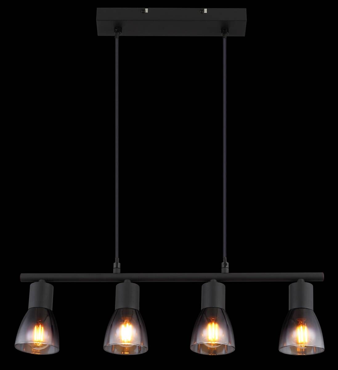 GLOBO Pendelleuchte klar Rauch mattschwarz Metall Glas B/H/T: ca. 52x120x7,2 cm E14 4 Brennstellen