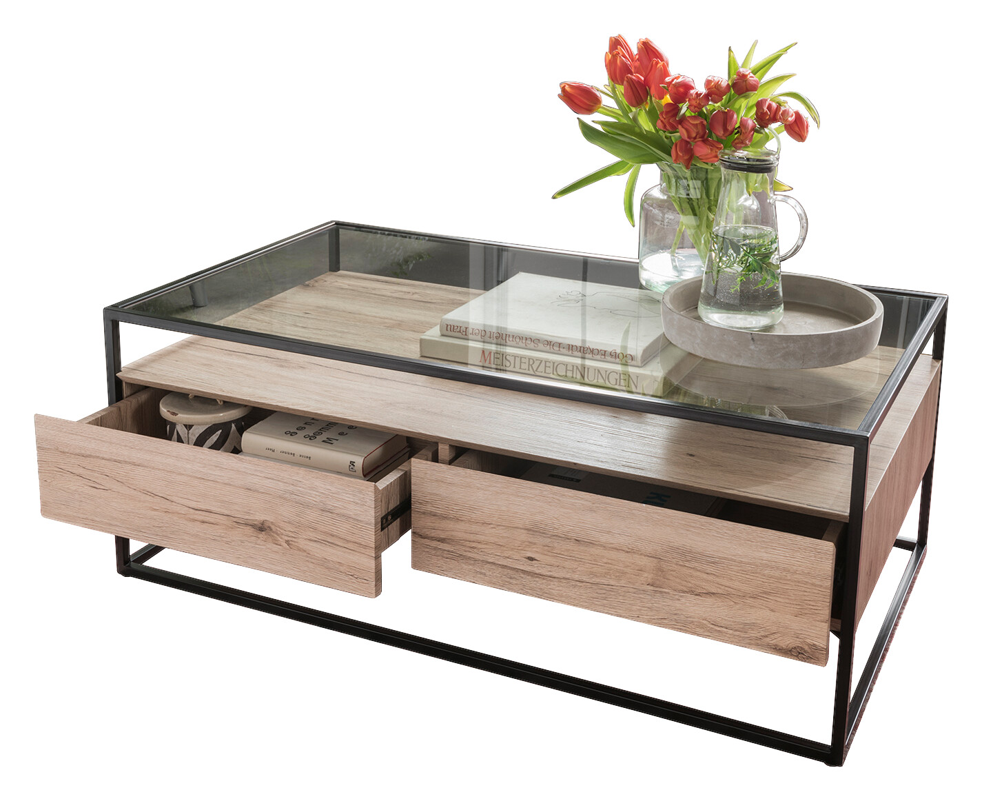 Couchtisch Bozen II glasklar Eiche Sonoma schwarz B/H/T: ca. 110x42x60 cm