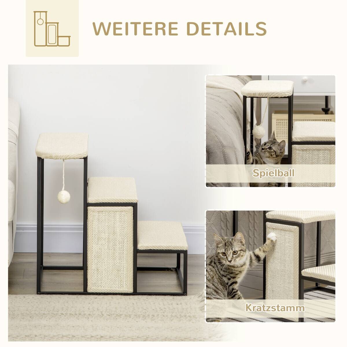 PawHut 3-stufige Haustiertreppe mit Kratzbrett schwarz Edelstahl B/H/L: ca. 54x51x53 cm