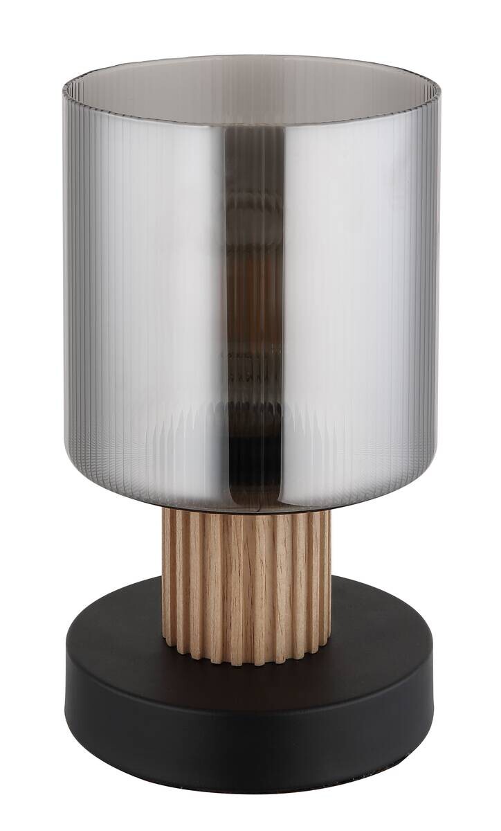 GLOBO Tischleuchte schwarz Rauch dunkelbraun Glas Holz Metall H/D: ca. 21x12 cm E27 1 Brennstellen