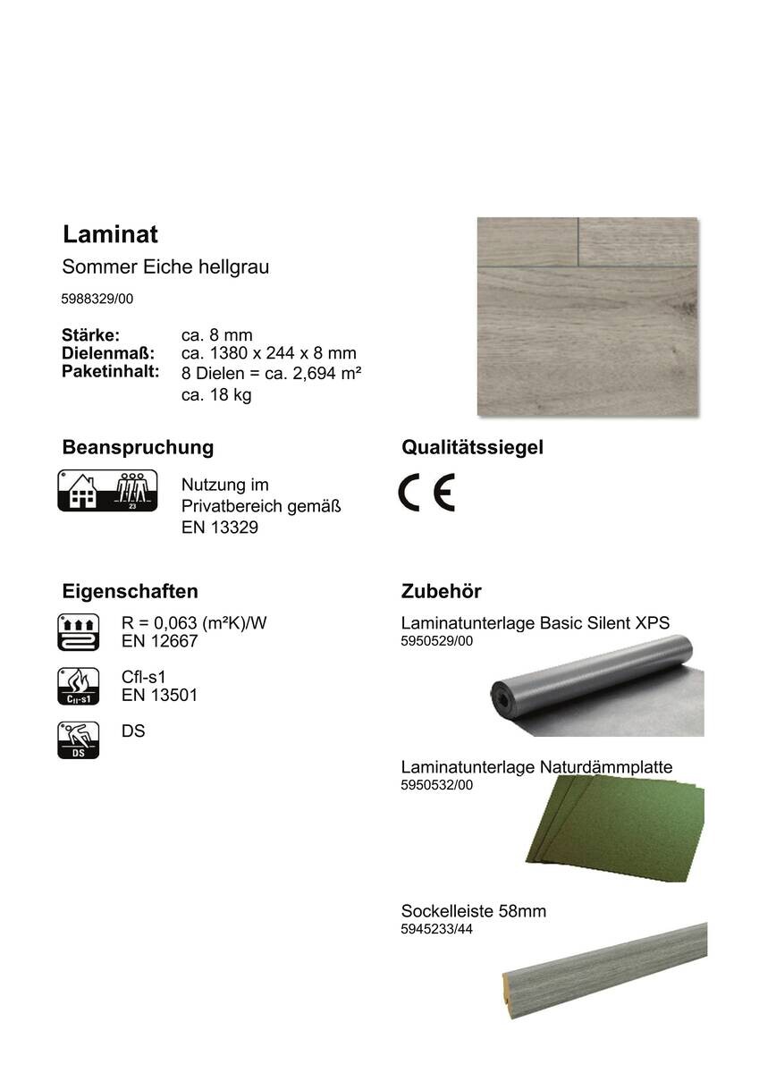 Laminatboden Sommer ca. 2,694 m² im Paket  B/L: ca. 24,4x138 cm pro Paket