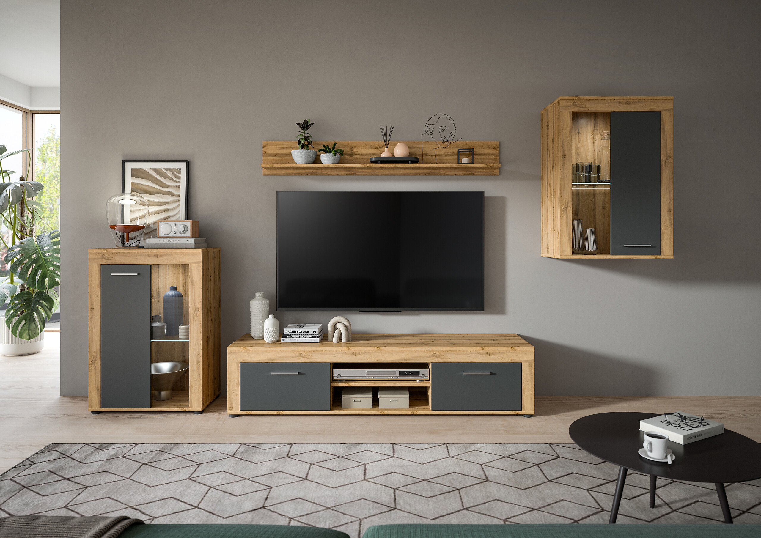 Wohnwand Jam Eiche Wotan Nachbildung grau B/H/T: ca. 310x169x35 cm