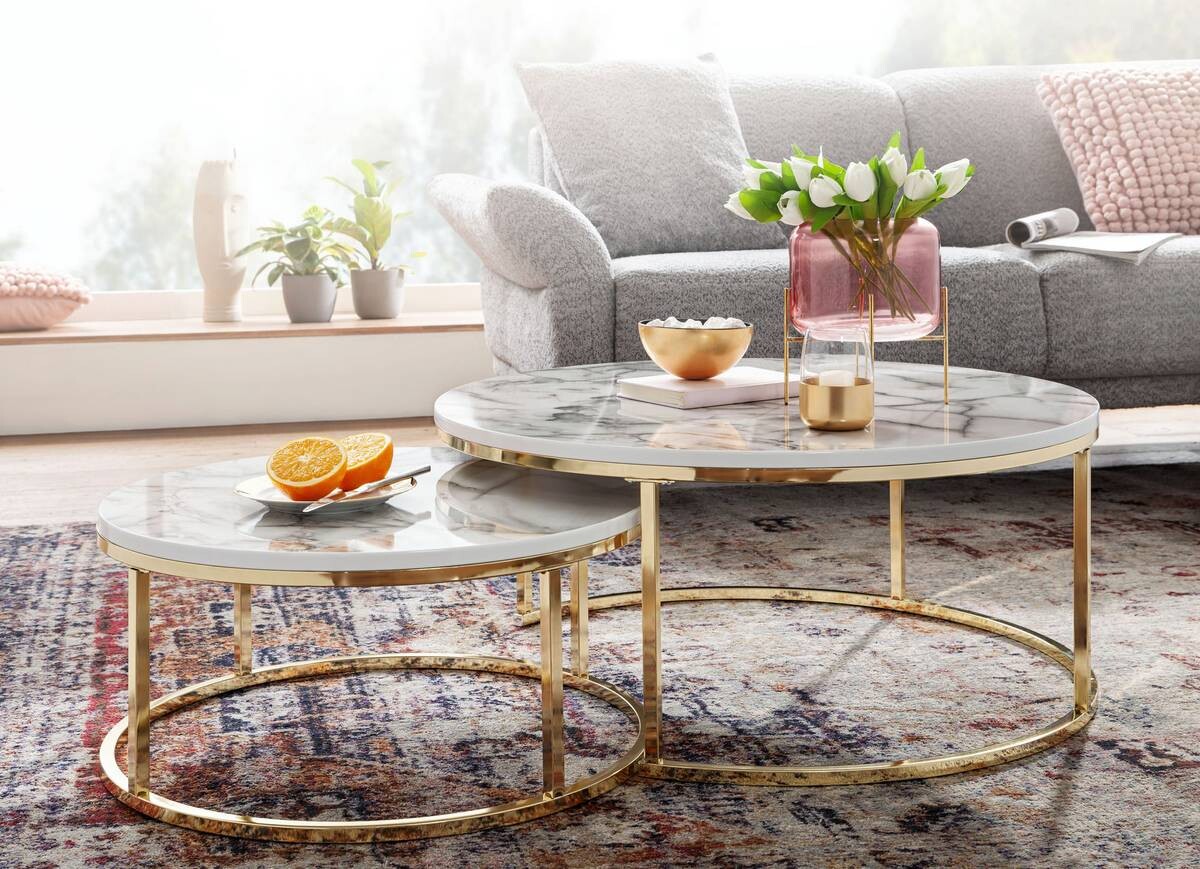 Wohnling Couchtisch 2er-Set weiß Marmor gold MDF Stahl