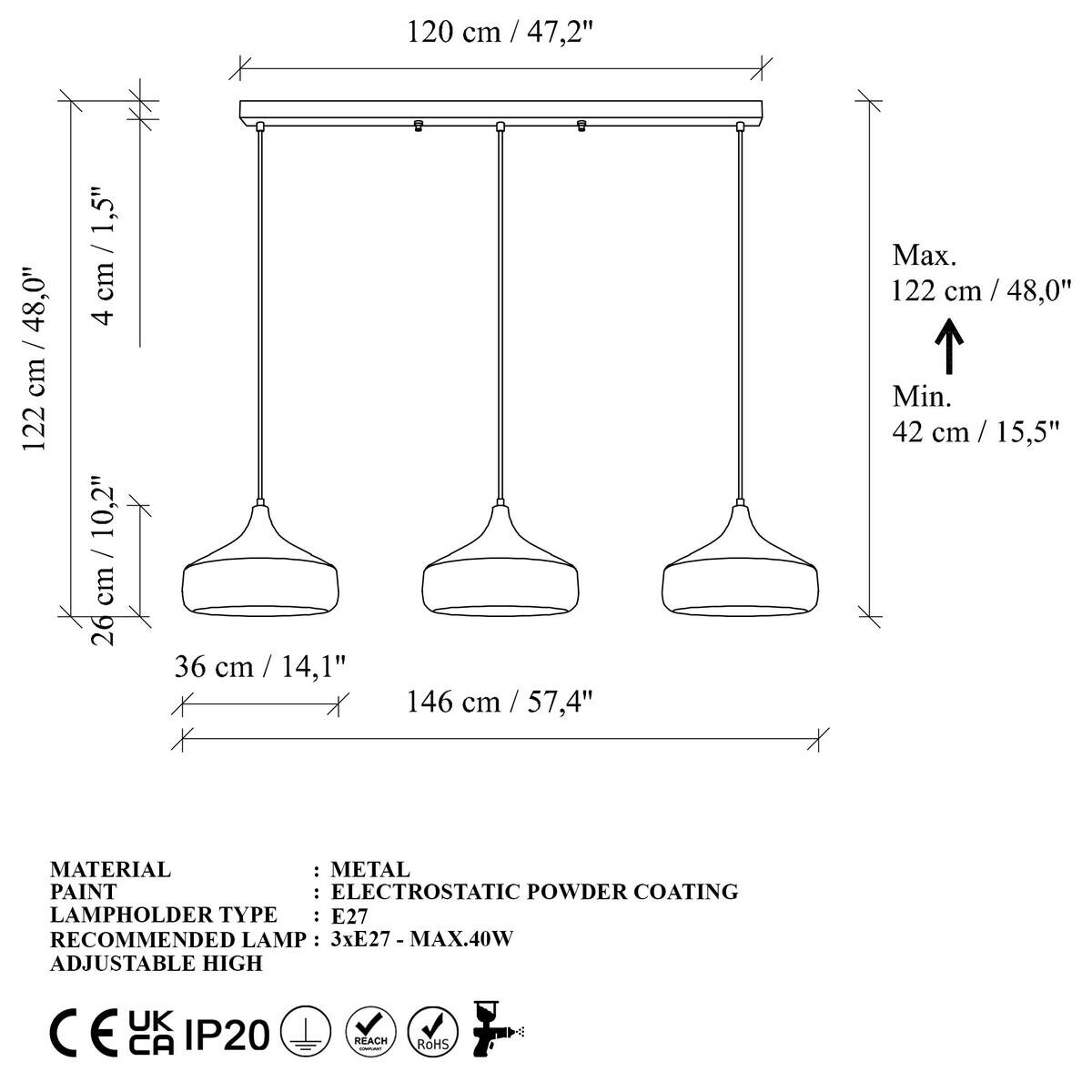 Opviq Pendelleuchte Yldo schwarz B/H/T/L: ca. 146x122x36x146 cm E27 3 Brennstellen