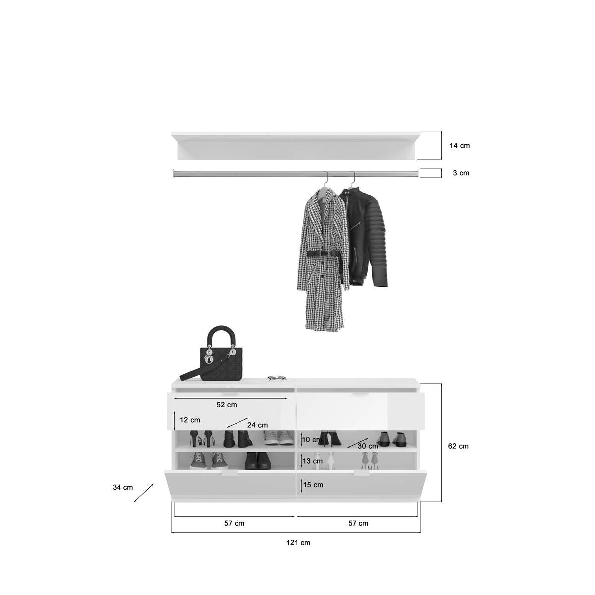 Garderobe PROJEKT Eiche Artisan Nachbildung weiß Hochglanz Spiegel B/H/T: ca. 212x193x34 cm