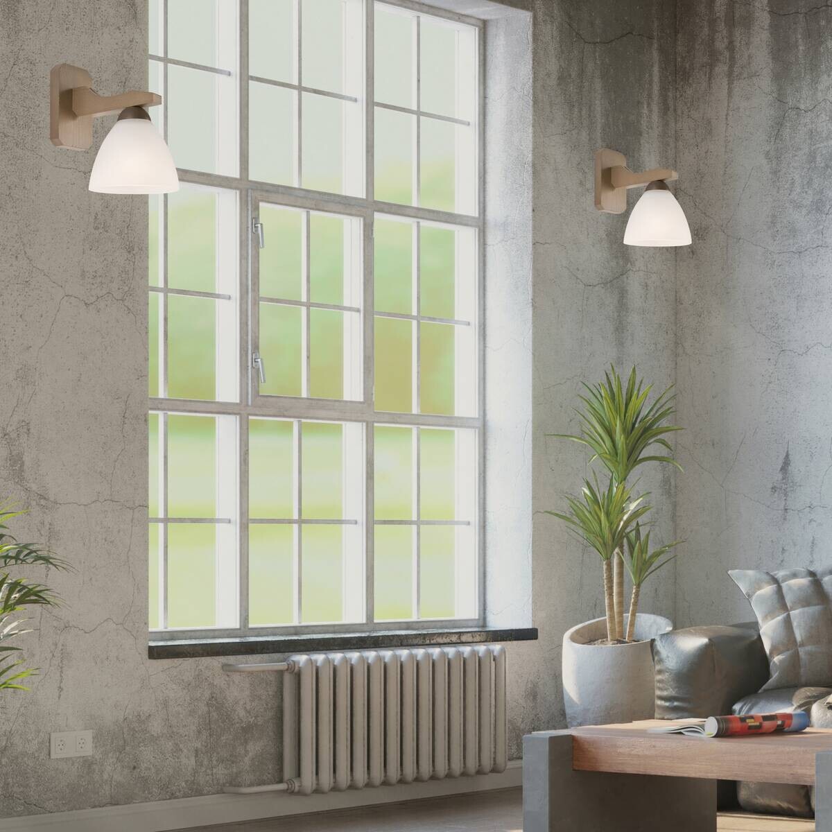 Lamkur Wandleuchte ADRIANO 27494 natur Holz Stahl Glas H/L: ca. 23x23 cm E27 1 Brennstellen