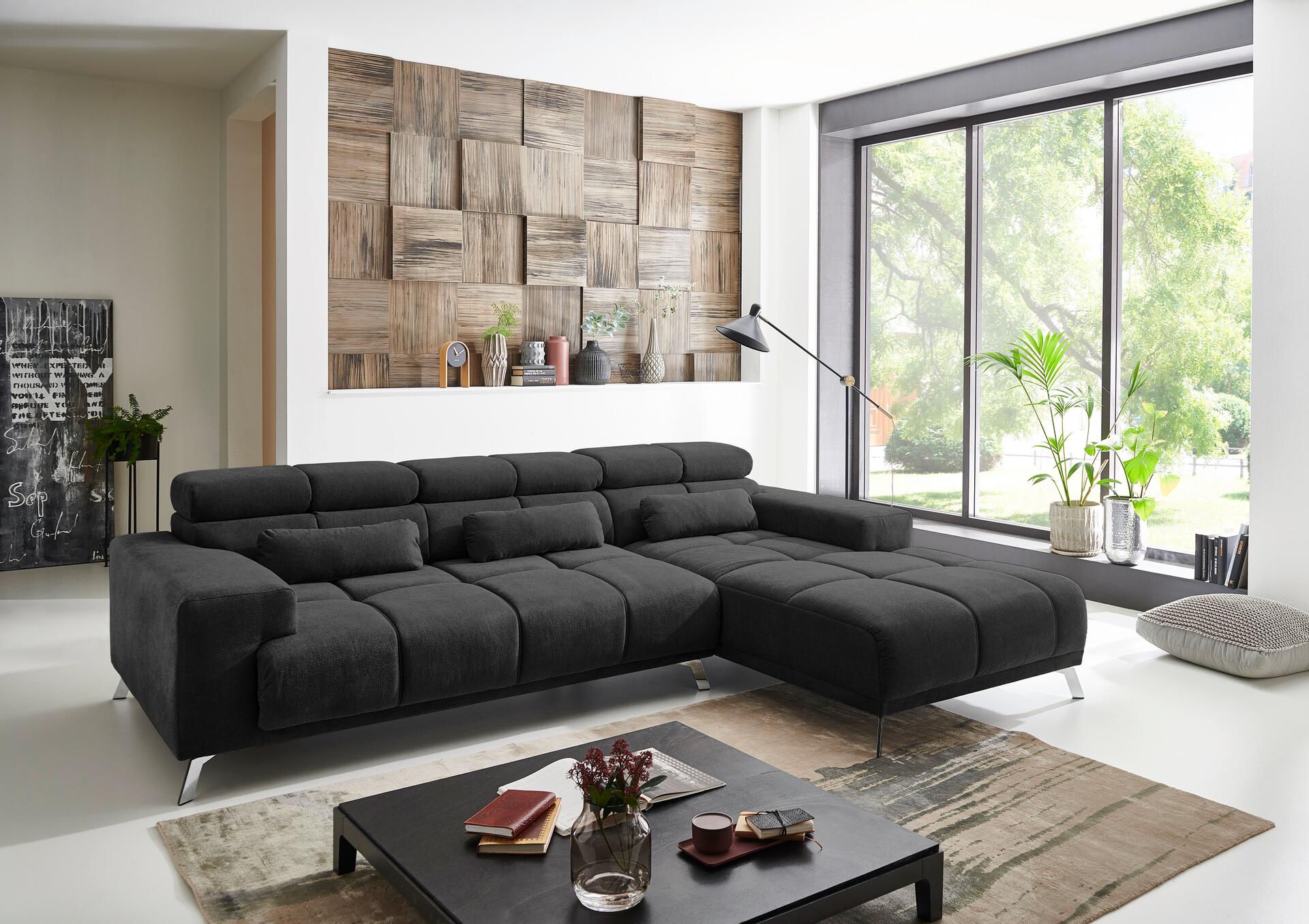 Ecksofa mit elektrischer Sitztiefenverstellung schwarz Flachgewebe B/H/T: ca. 285x99x201 cm