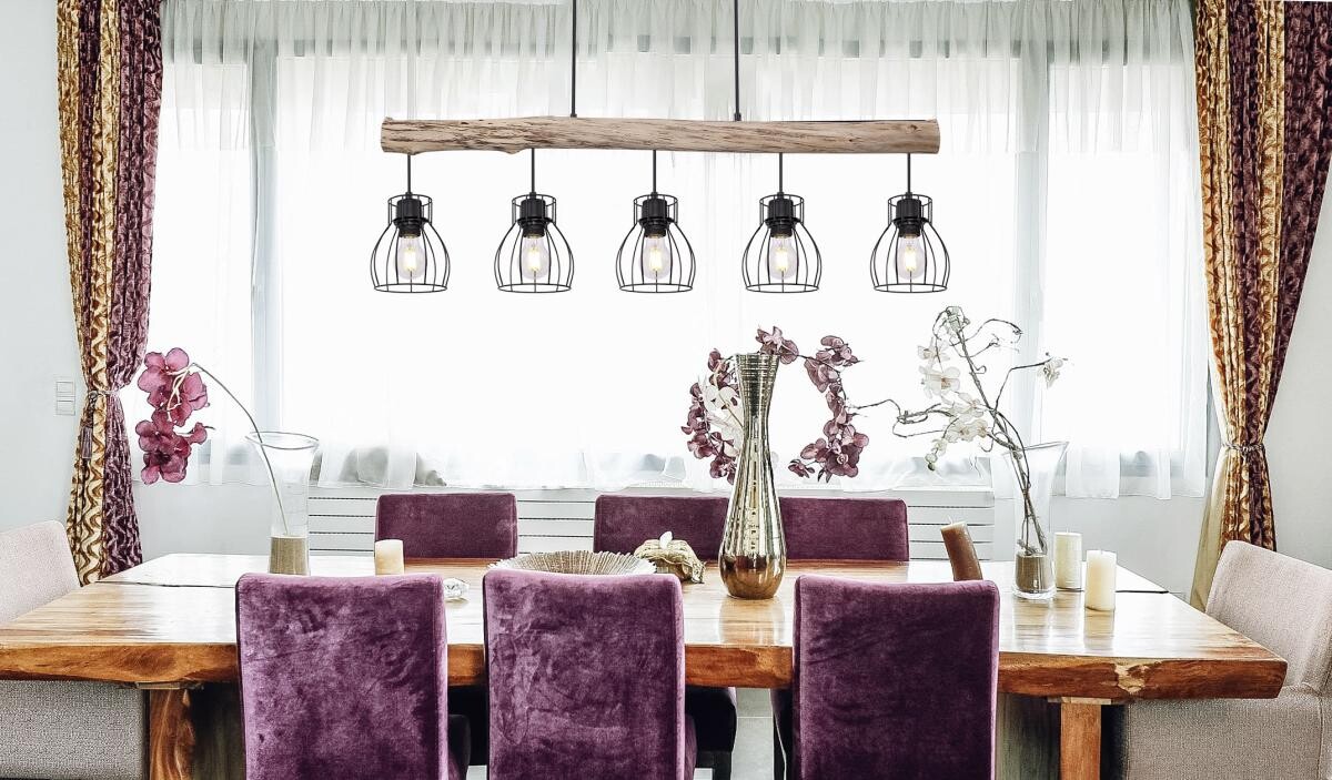 GLOBO Pendelleuchte 15326-5N schwarz natur Holz Metall B/H: ca. 104x140 cm E27 5 Brennstellen