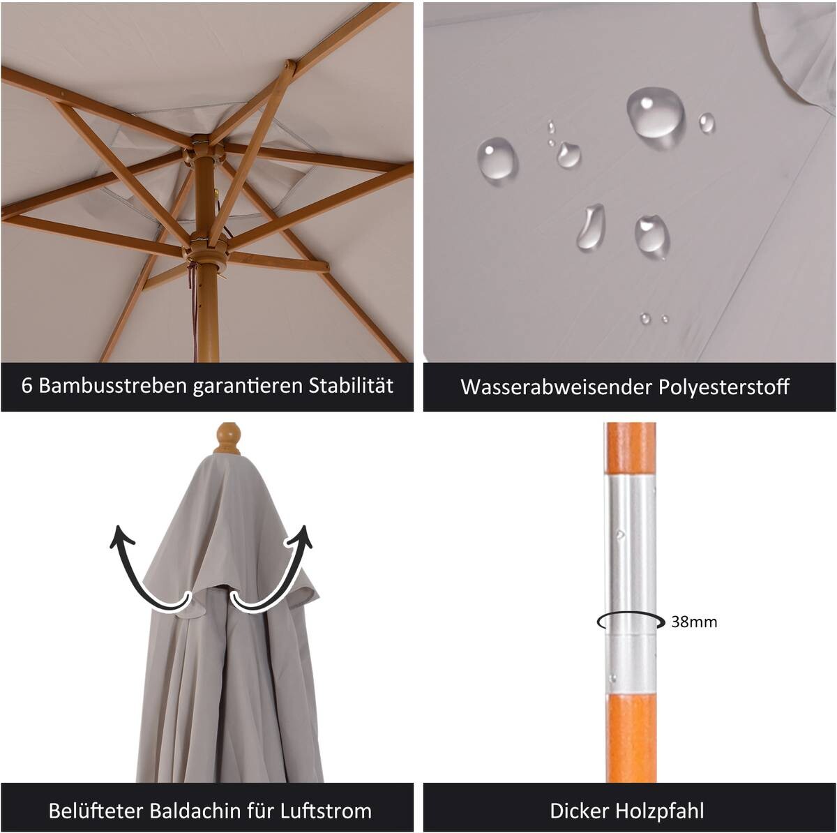 Outsunny Sonnenschirm grau Bambus H/D: ca. 230x250 cm