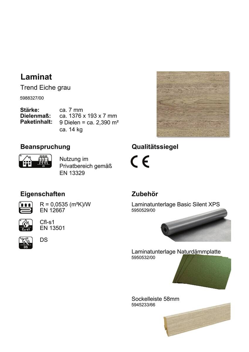 Laminatboden Trend ca. 2,39 m² im Paket  B/L: ca. 19,3x137,6 cm pro Paket