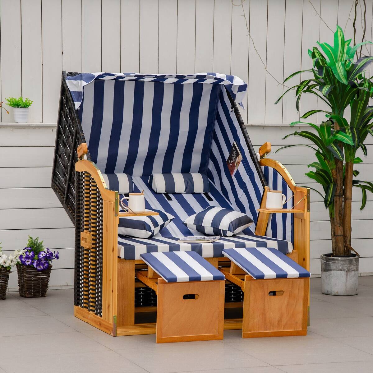 Outsunny Strandkorb blau Holz B/H/L: ca. 79x118x160 cm