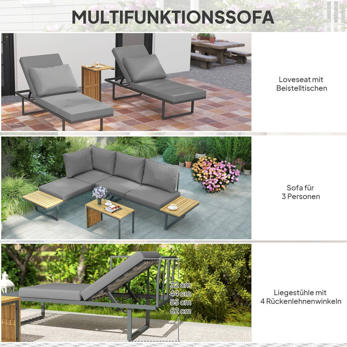 Outsunny Gartenmöbel-Set hellgrau Alteiche B/H/L: ca. 65x70x175 cm