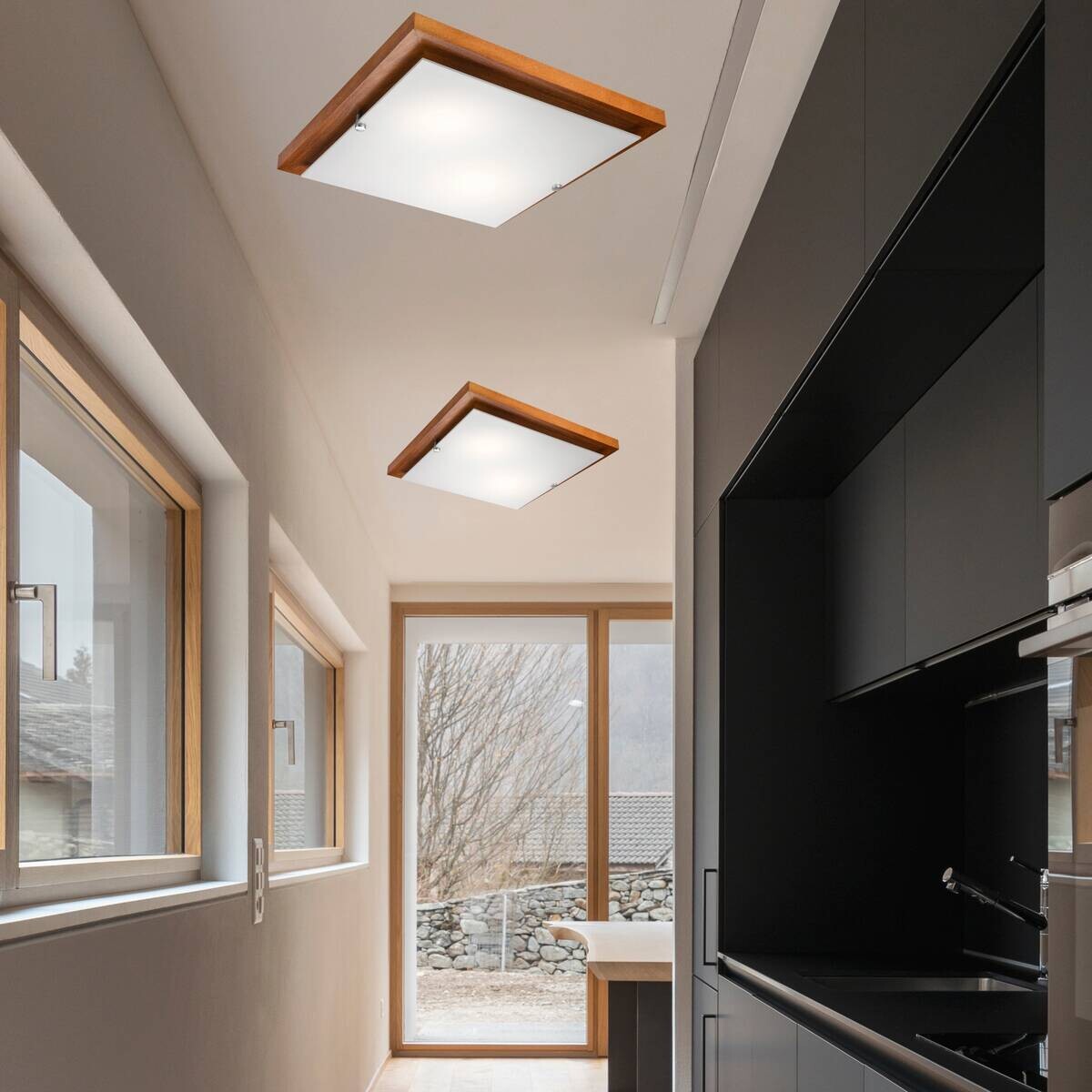 Lamkur Deckenleuchte Pedro rustikal Glas Holz H/L: ca. 6,5x35 cm E27 2 Brennstellen